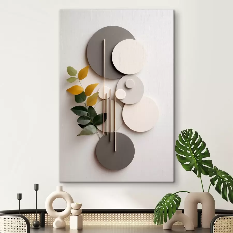 Glezna Ģeometriski apļi ar zaļu, lapu bagātu zaru s48598