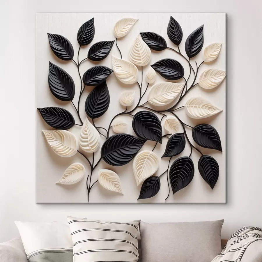 Glezna Melnu un gaišu lapu izkārtojums uz zariem s48606