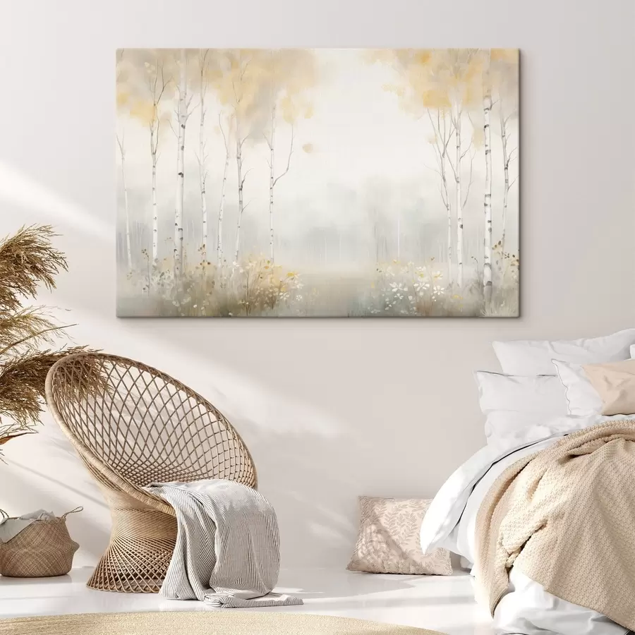 Glezna Mežs ar plāniem kokiem miglā, maigi gaiši toņi s48623