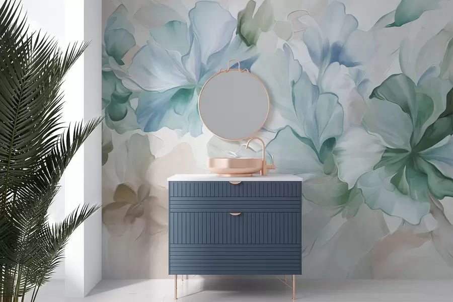 Fototapetes Abstraktas fantāzijas ziedi zaļos, zilos un smilškrāsas toņos glezniecības stilā, faktūrmāksla w09767v1