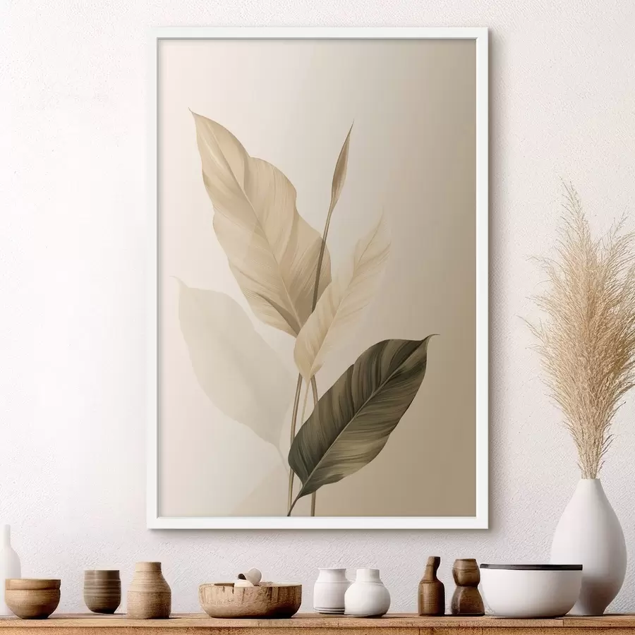 Fototapetes Lielas tropu lapas smilškrāsas un brūnos toņos, gaišs fons f48725