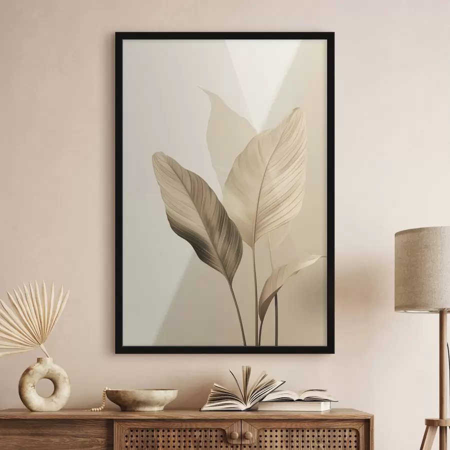 Fototapetes Lielas tropu lapas smilškrāsas un brūnos toņos, gaišs fons f48726