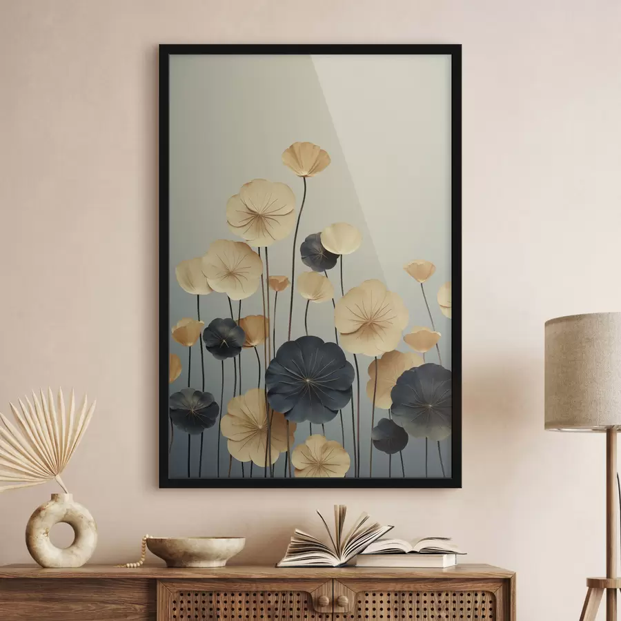 Fototapetes Ūdensrožu lapas uz klusa smilškrāsas un tumši zila fona f48734