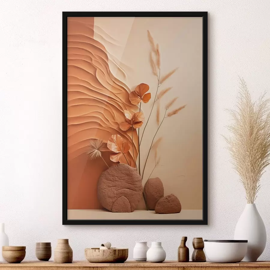 Fototapetes Minimālisma stila mākslas darbs ar kaltētiem ziediem un pampas zāli, faktūru fonu f48739