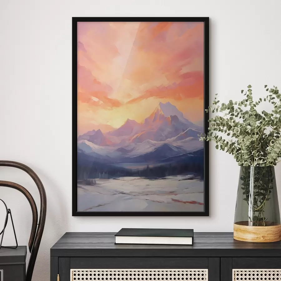 Fototapetes Sniega klātie kalni zem košā oranžā un rozā debesu velves ar mākoņiem f48741