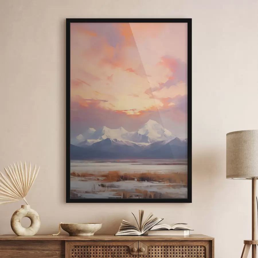 Fototapetes Sniega klātie kalni zem košā oranžā un rozā debesu velves ar mākoņiem f48742