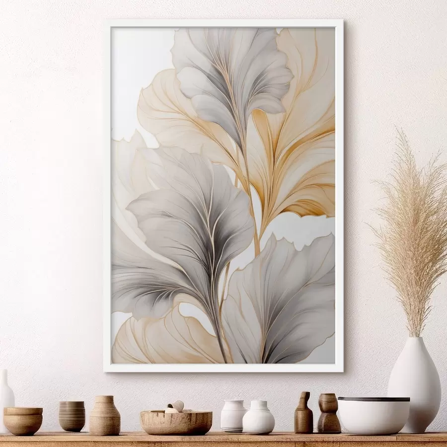 Fototapetes Lielas, caurspīdīgas lapas pelēkā un dzeltenā toņos f48745