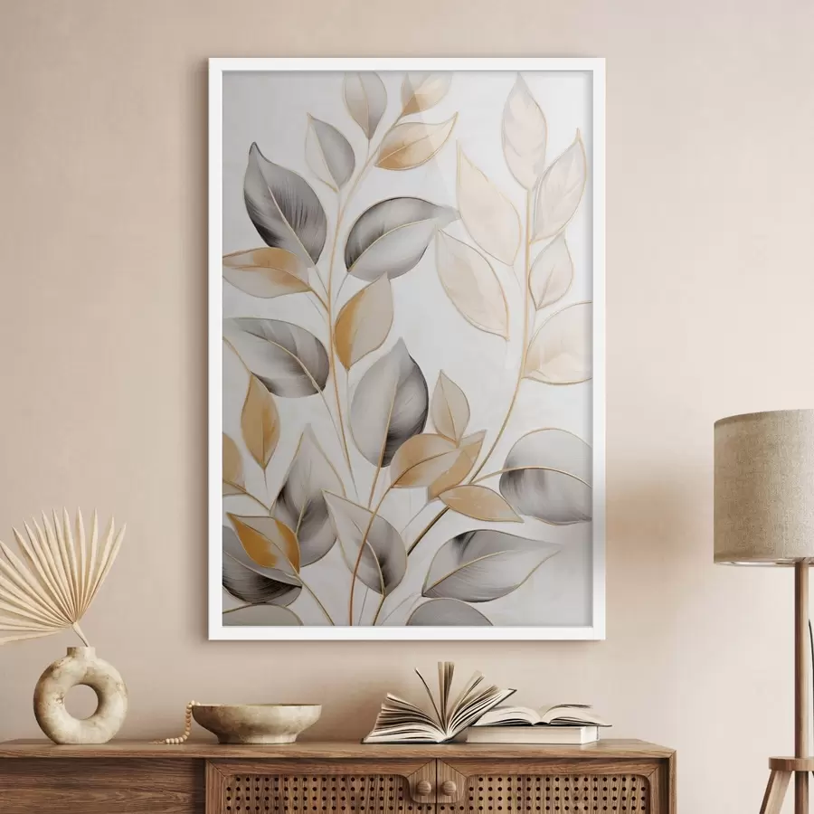 Fototapetes Lielas, caurspīdīgas lapas pelēkā un dzeltenā toņos f48746