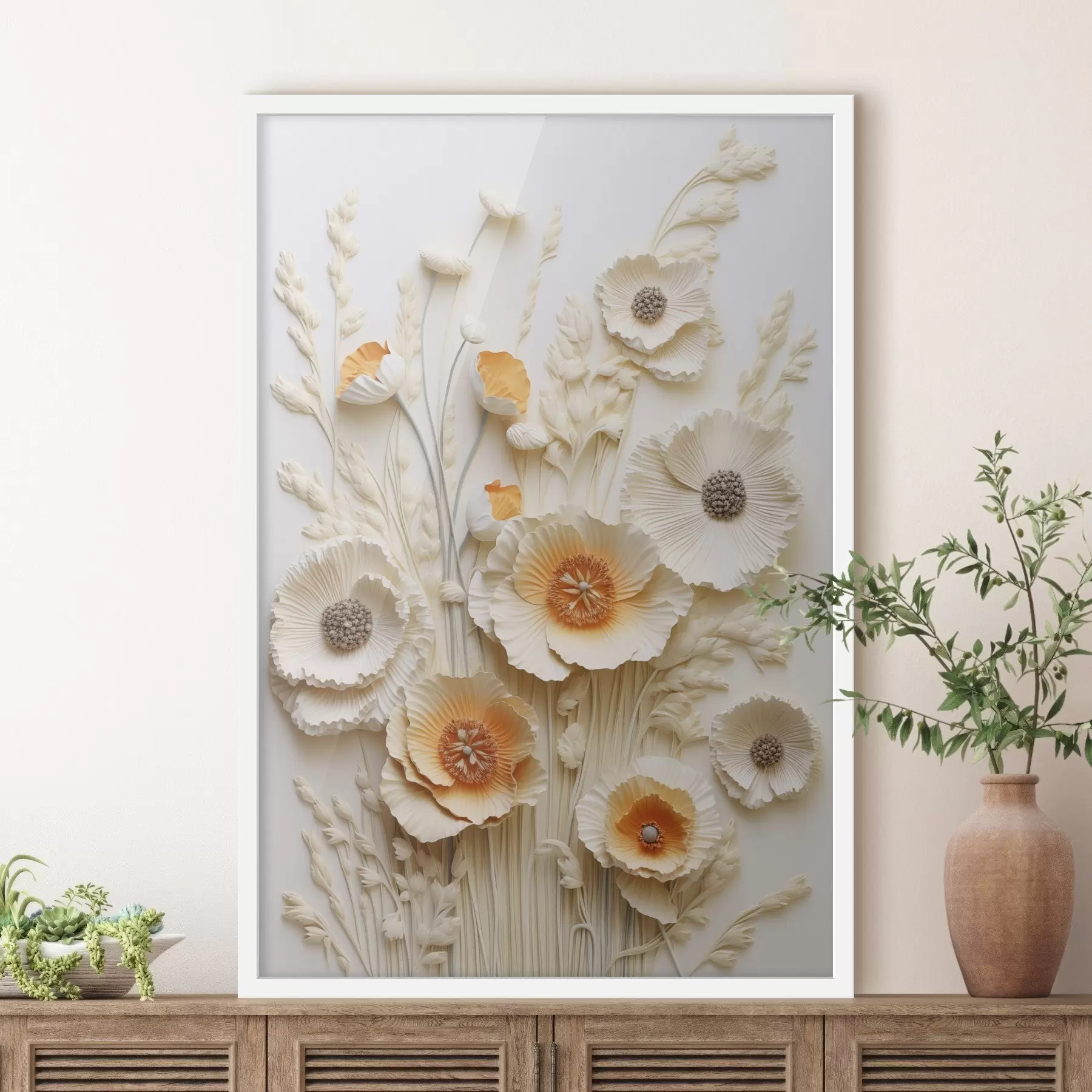 Fototapetes Krēmkrāsas un oranžu magoņu pušķis ar žāvētiem kviešu stiebriem f48747