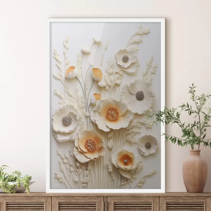 Fototapetes Krēmkrāsas un oranžu magoņu pušķis ar žāvētiem kviešu stiebriem f48747