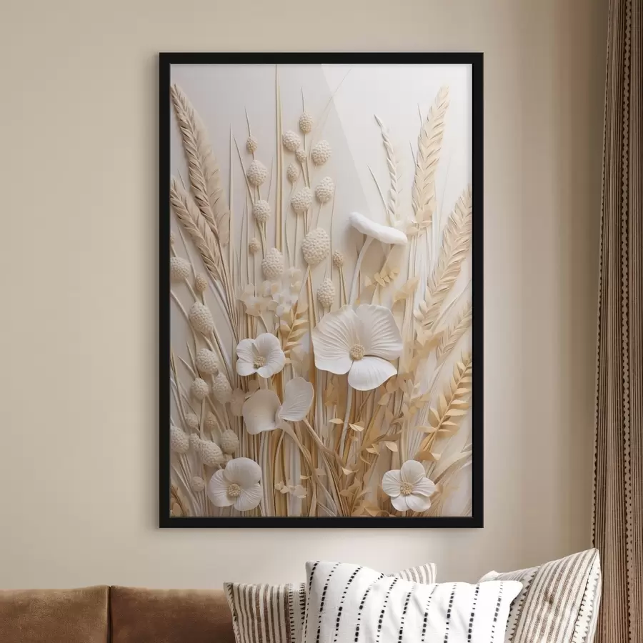 Fototapetes Krēmkrāsas magoņu pušķis ar žāvētiem kviešu stiebriem f48748