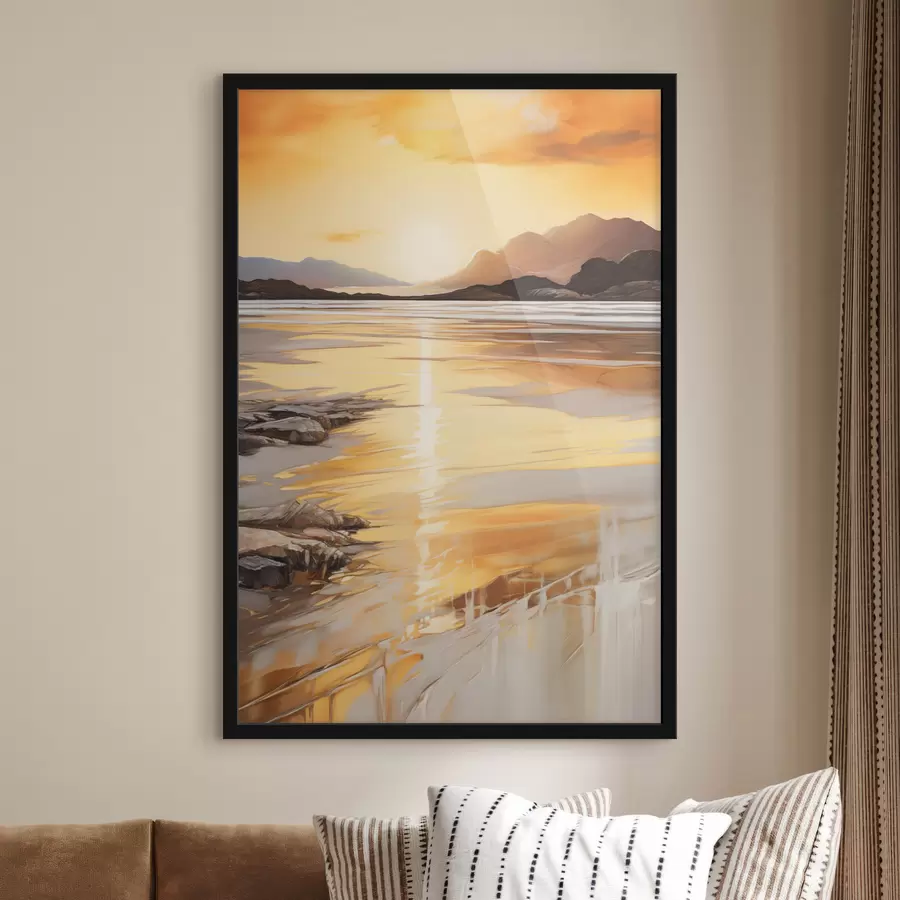 Fototapetes Ainava ar upi un kalniem zem siltā oranžā debesu velves, saulriets f48756