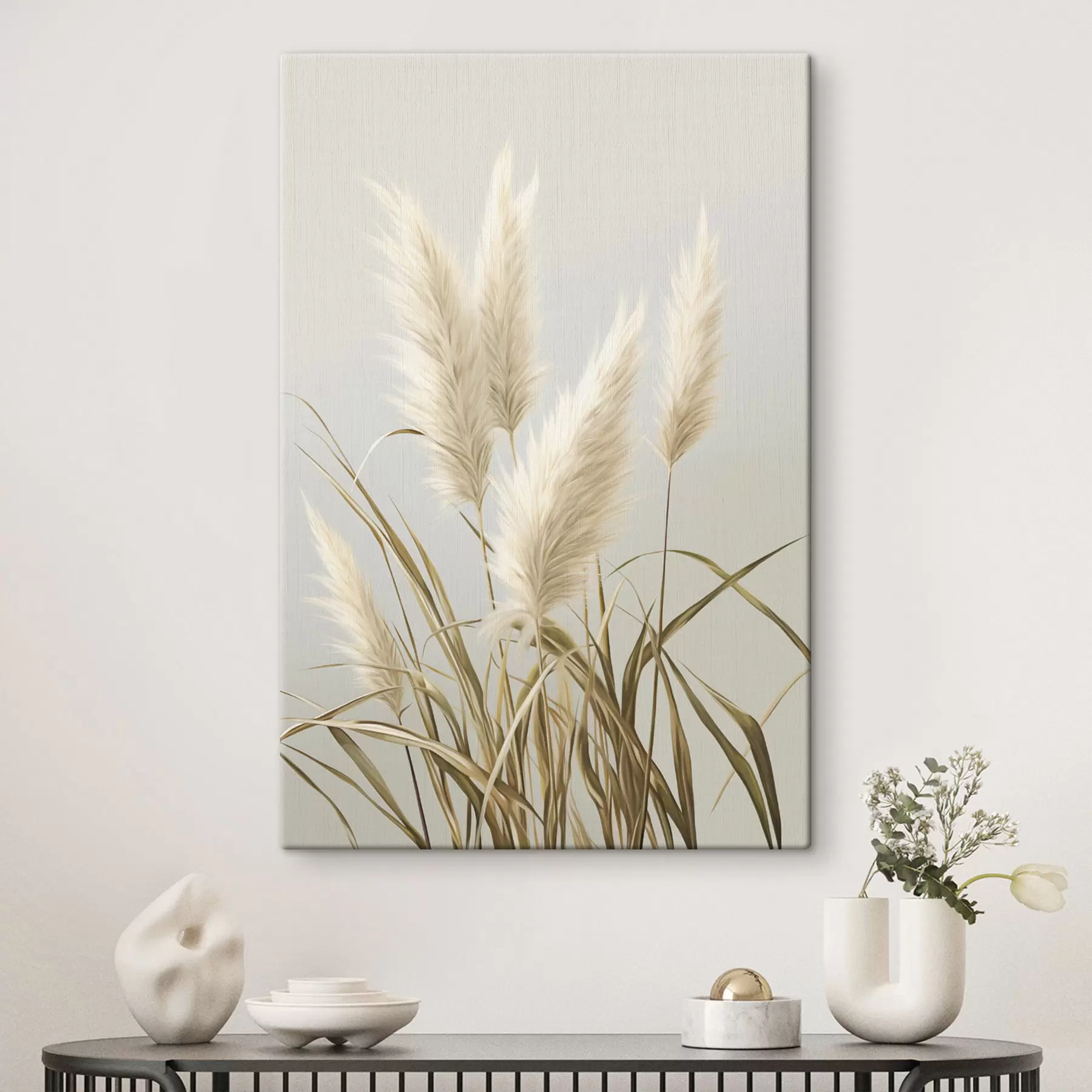 Glezna Vairāki augsti, pūkaini pampas zāles stiebri ar garām, plānām lapām s48723