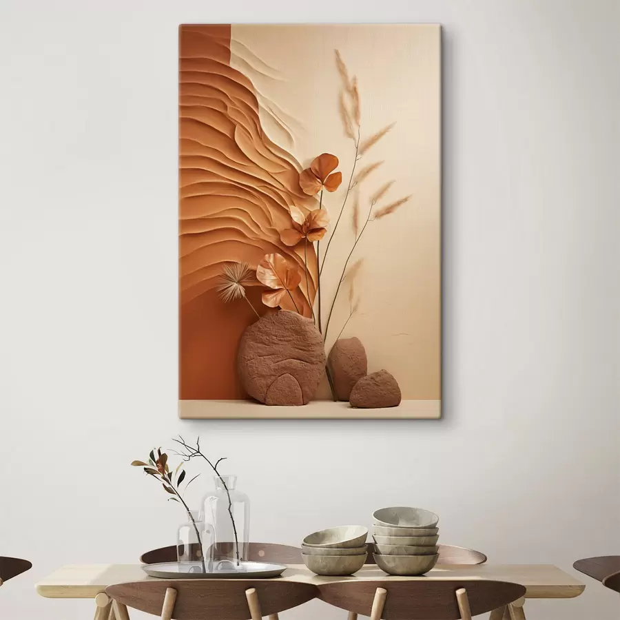 Glezna Minimālisma stila mākslas darbs ar kaltētiem ziediem un pampas zāli, faktūru fonu s48739