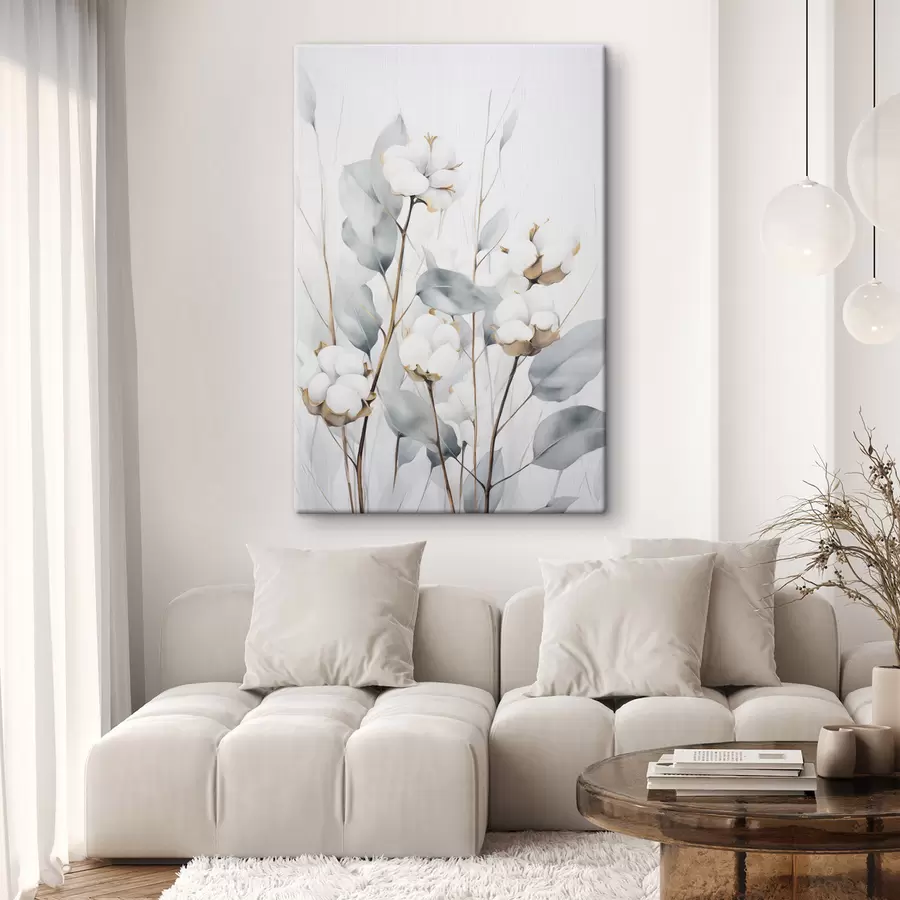 Glezna Balta kokvilnas auga ar gaiši zilsarkanām lapām uz gaiša fona s48743