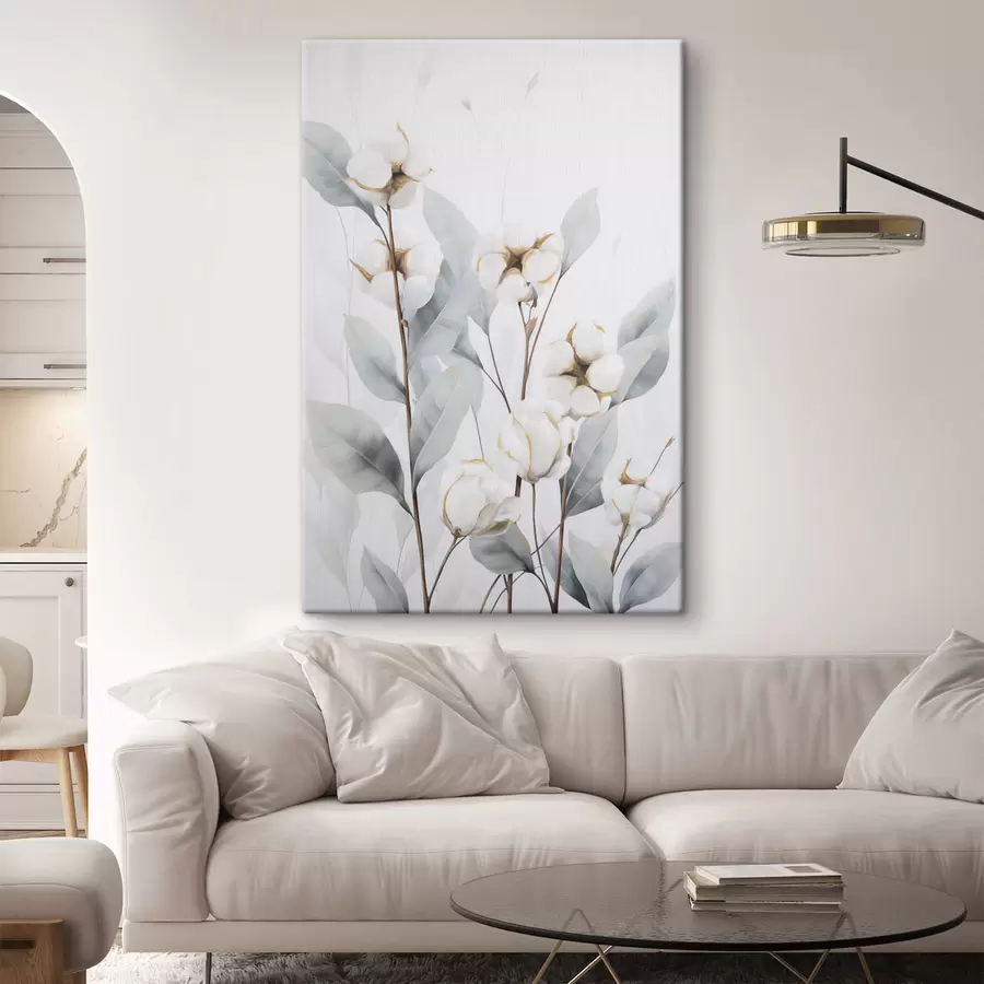 Glezna Balta kokvilnas auga ar gaiši zilsarkanām lapām uz gaiša fona s48744