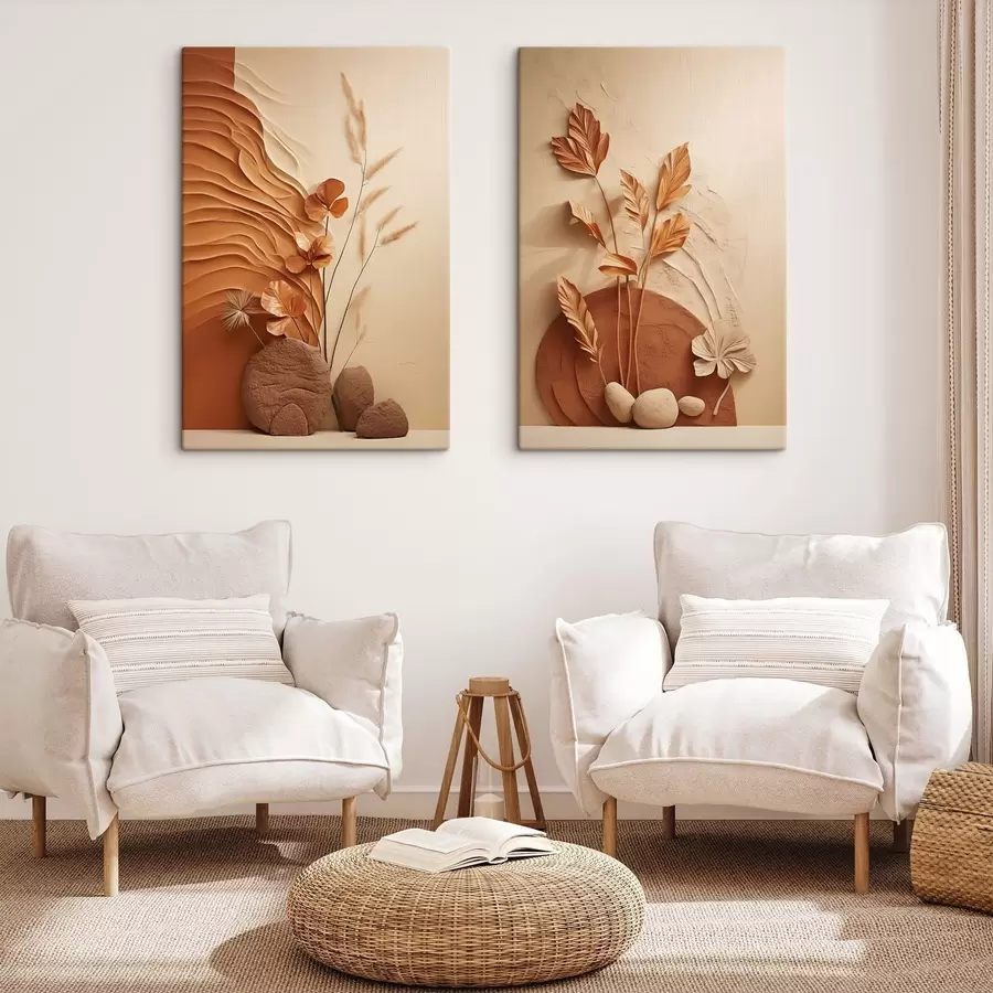 Glezna Minimālisma stila mākslas darbs ar kaltētiem ziediem un pampas zāli, faktūru fonu m30320