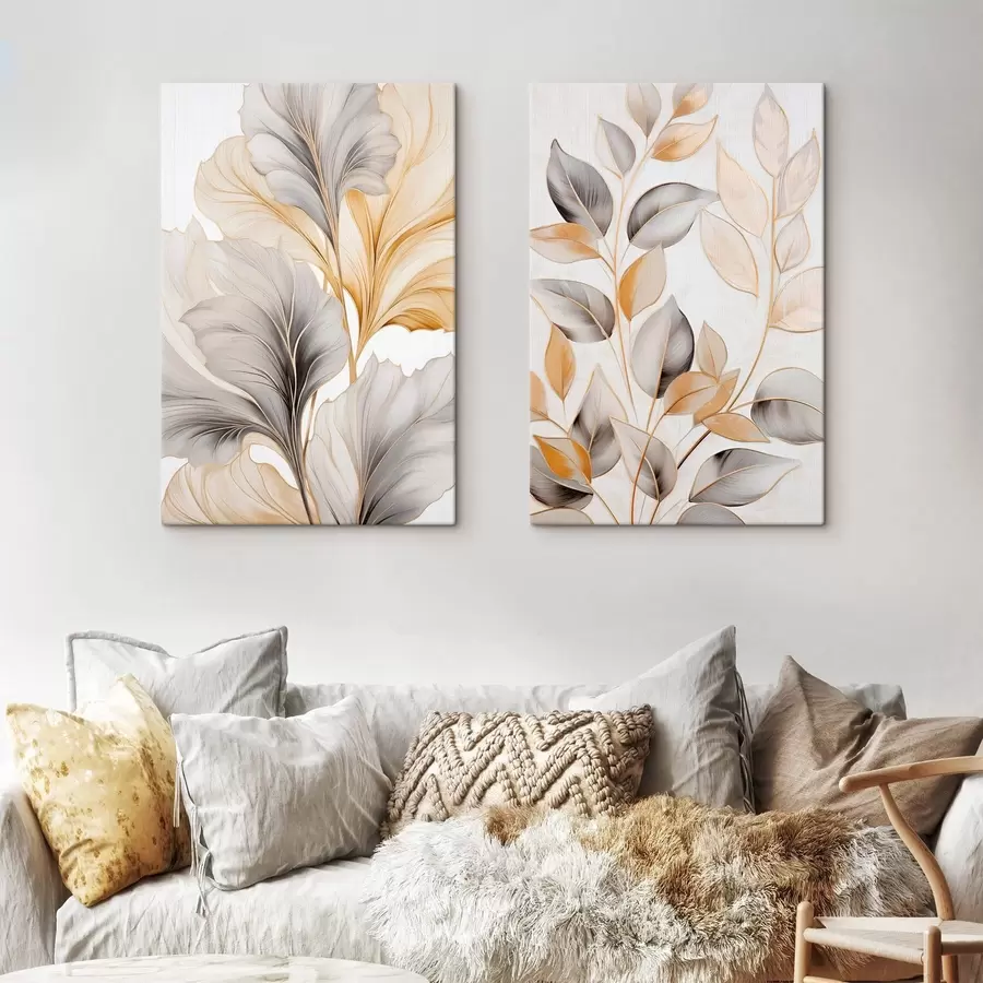 Fototapetes Lielas, caurspīdīgas lapas pelēkā un dzeltenā toņos m30323