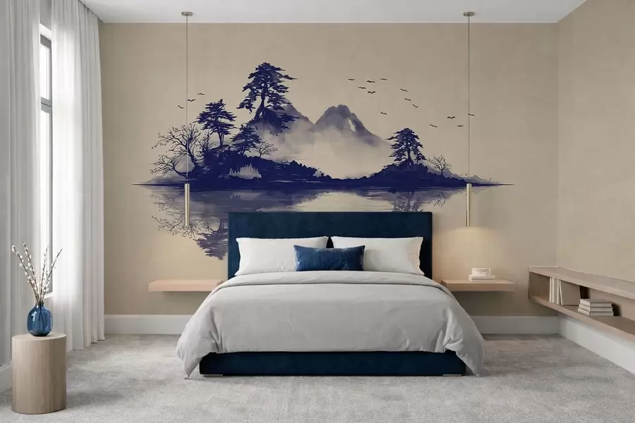Fototapetes Sumi-e kalnu ainava zilos toņos w05124v2