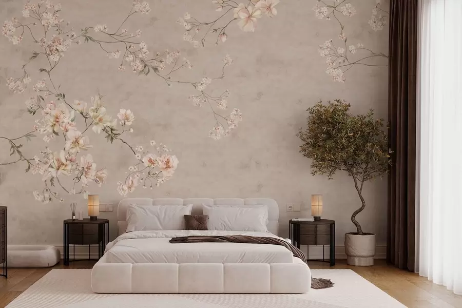 Fototapetes Smalks ziedu motīvs chinoiserie stilā uz gaiša fona w05427