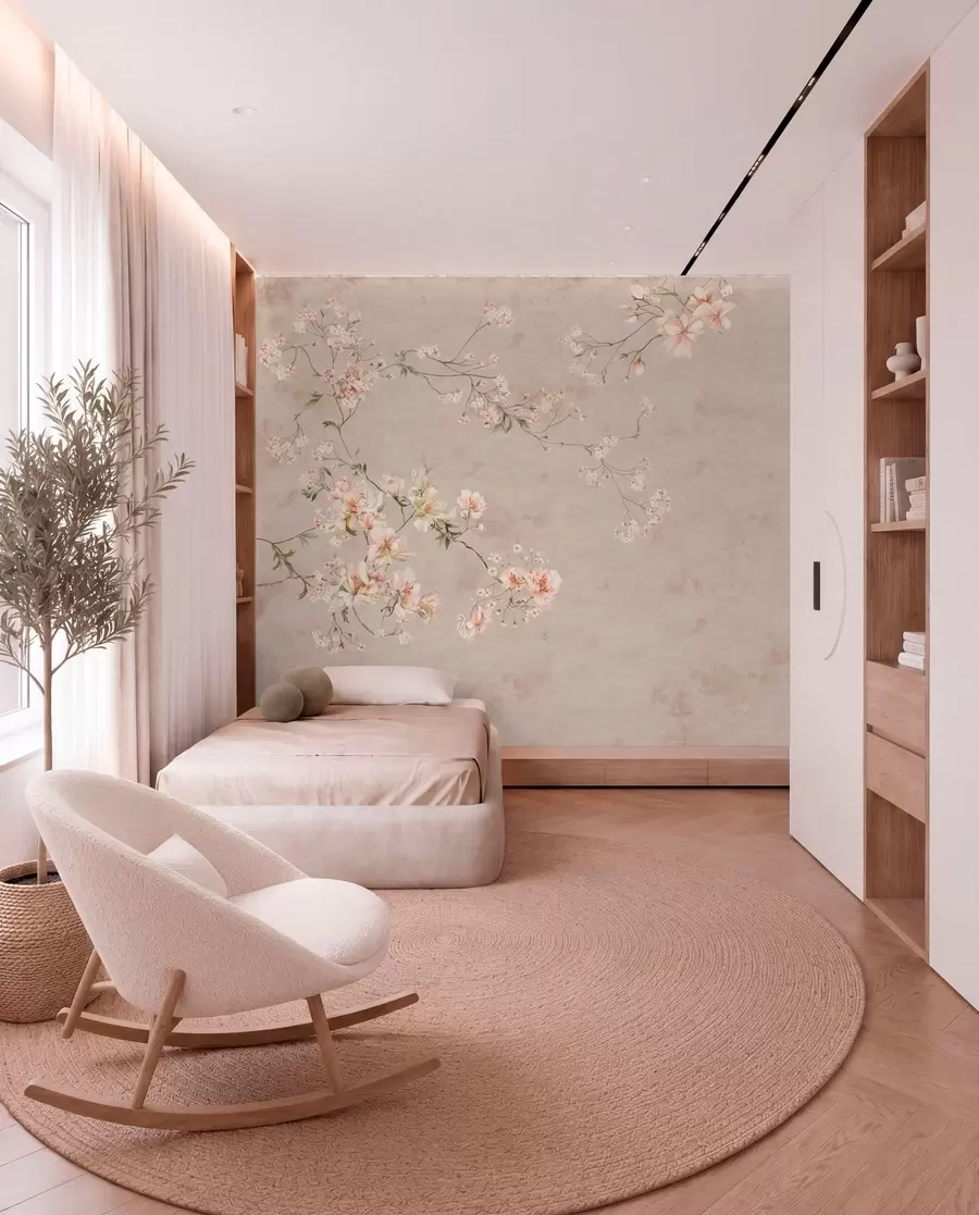 Fototapetes Smalks ziedu motīvs chinoiserie stilā uz gaiša fona w05427