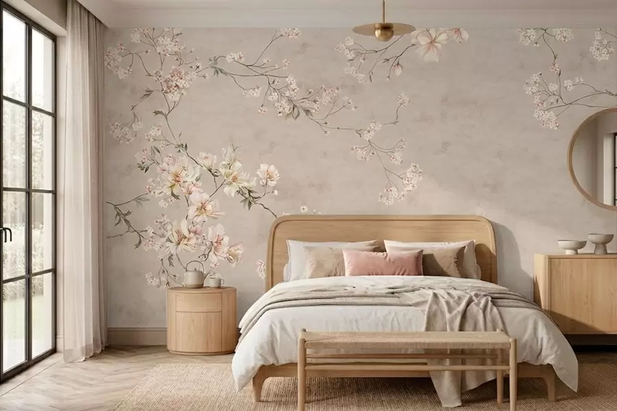 Fototapetes Smalks ziedu motīvs chinoiserie stilā uz gaiša fona w05427