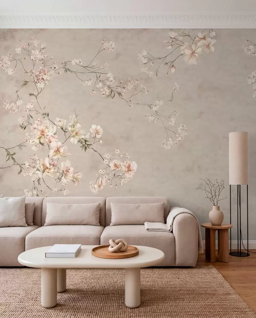Fototapetes Smalks ziedu motīvs chinoiserie stilā uz gaiša fona w05427