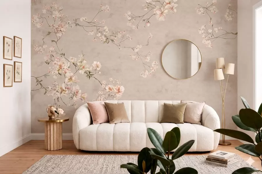 Fototapetes Smalks ziedu motīvs chinoiserie stilā uz gaiša fona w05427
