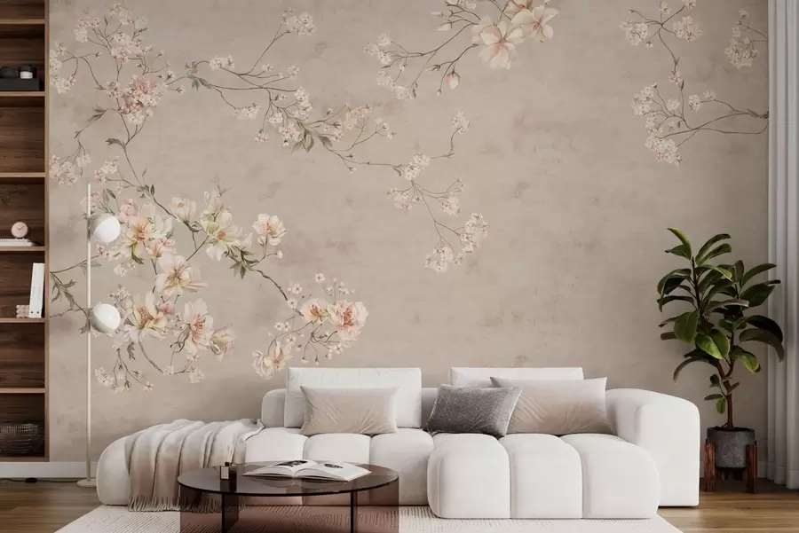 Fototapetes Smalks ziedu motīvs chinoiserie stilā uz gaiša fona w05427