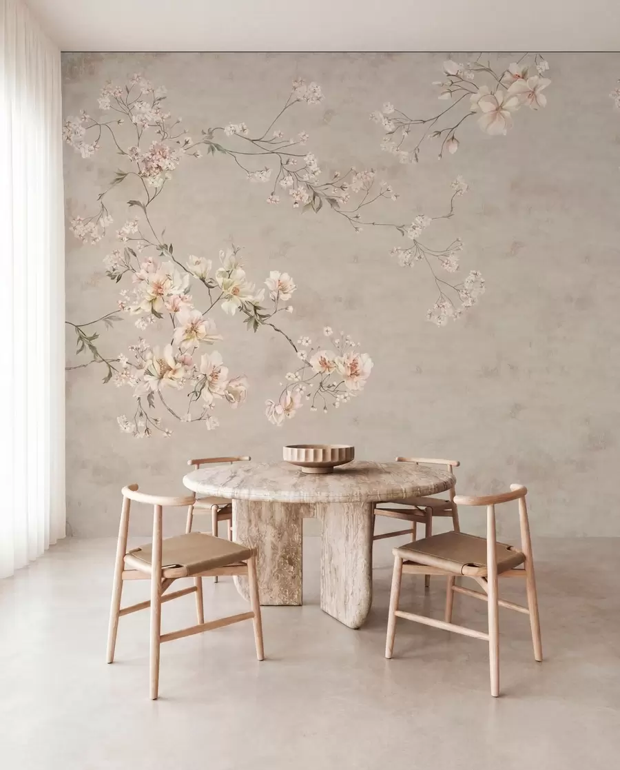 Fototapetes Smalks ziedu motīvs chinoiserie stilā uz gaiša fona w05427