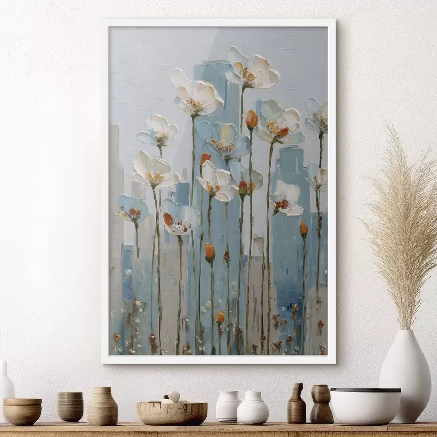 Fototapetes ziedi pilsētas fonā, eļļas gleznas stilā f48785