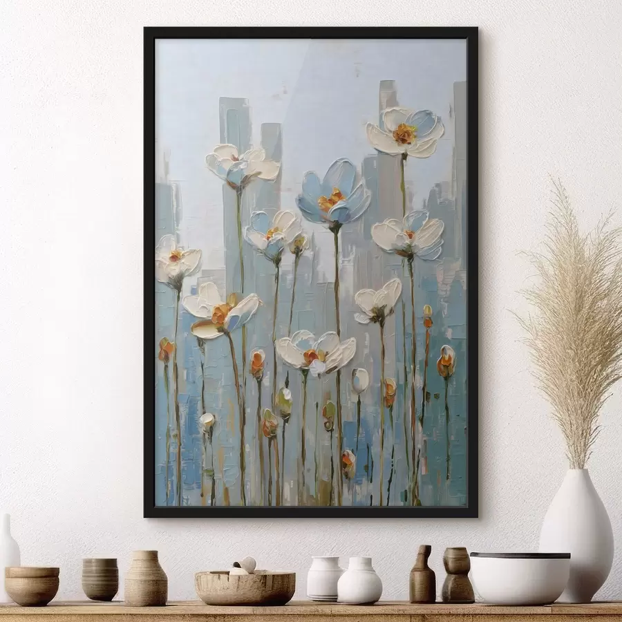 Fototapetes ziedi pilsētas fonā, eļļas gleznas stilā f48786