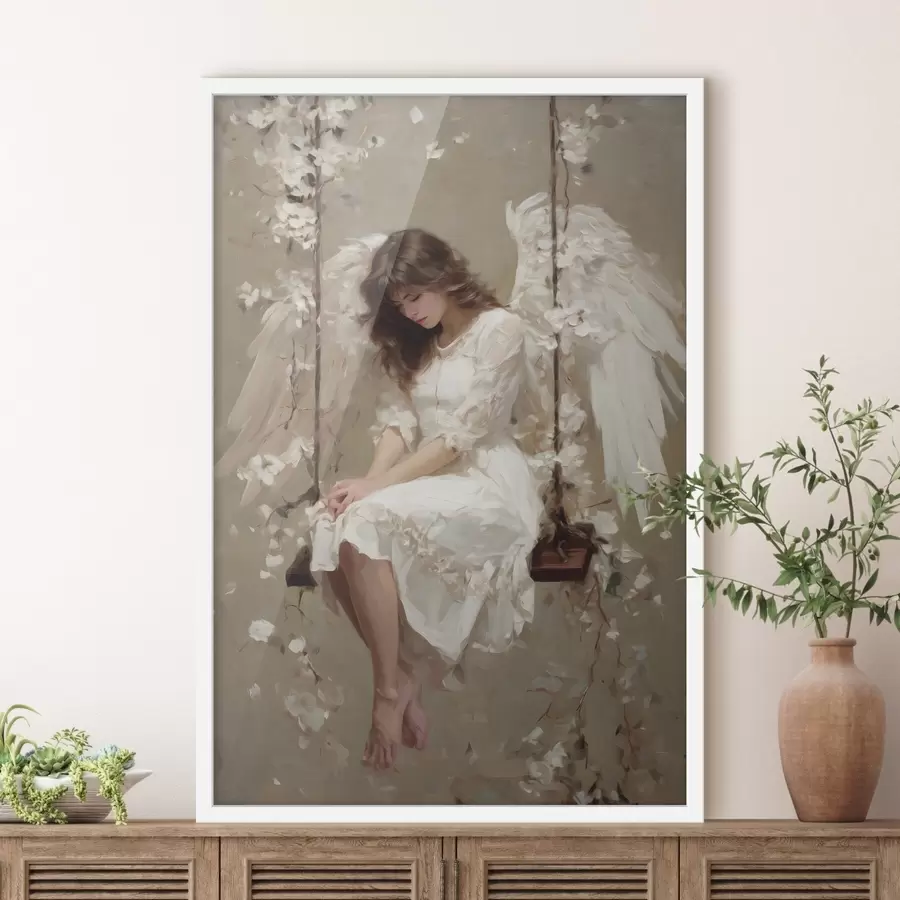 Fototapetes meitene-eņģelis šūpolēs, gleznota eļļas tehnikā f48789