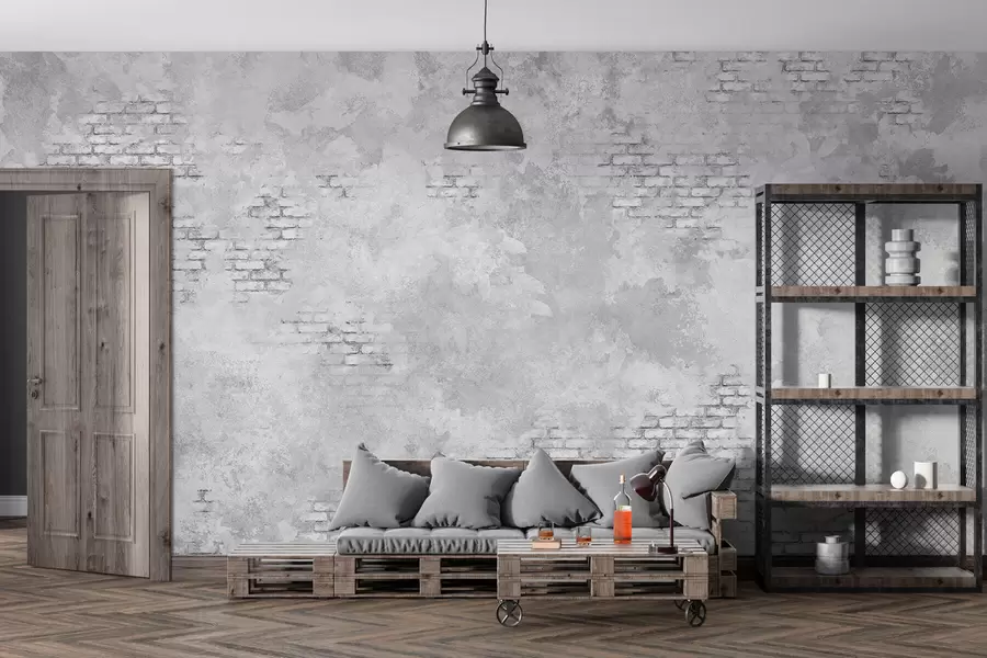Fototapetes Grunge stila pelēks apmetums ar atklātu ķieģeļu laukiem w05161v2