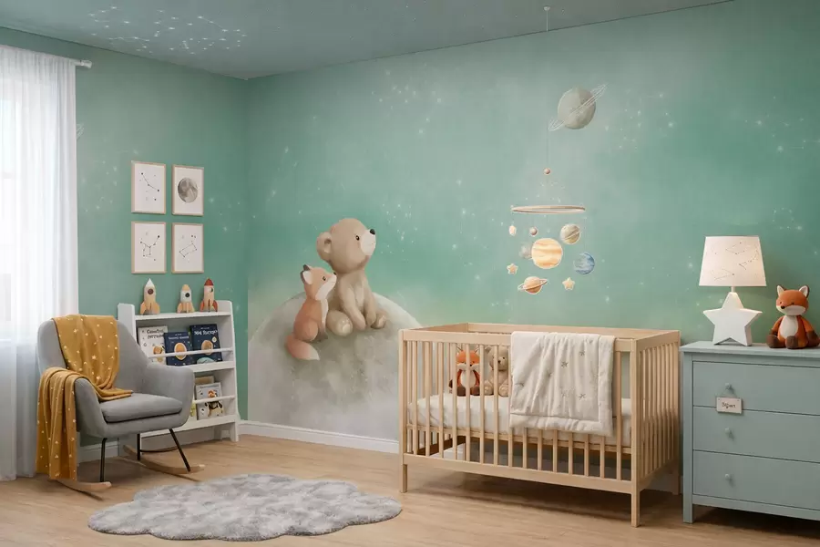 Fototapetes Pastelī zīmēta ilustrācija ar lāci un lapsu zaļā debesīs w05431v1