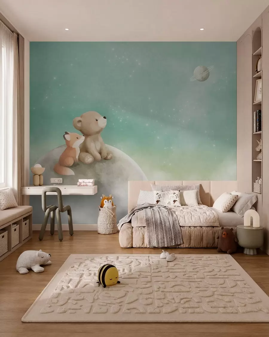 Fototapetes Pastelī zīmēta ilustrācija ar lāci un lapsu zaļā debesīs w05431v1