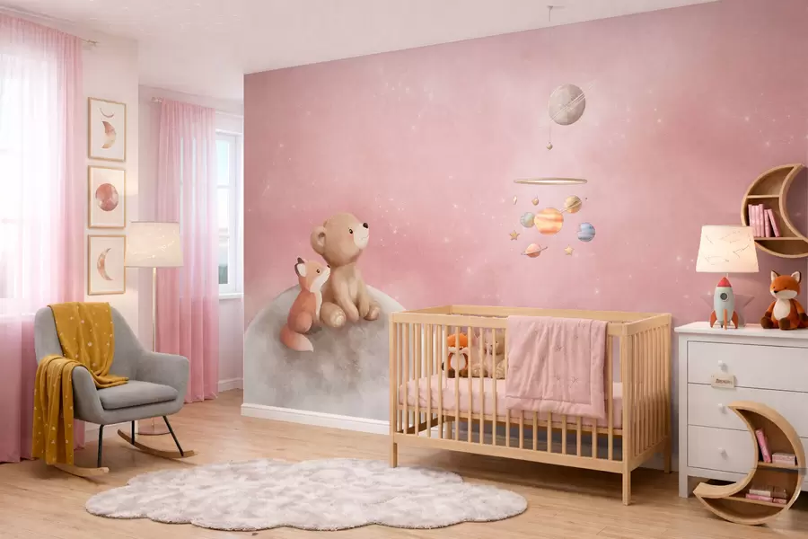 Fototapetes Pastelkrāsu ilustrācija ar lāci un lapsu uz mēness fona rozā debesīs w05431v2