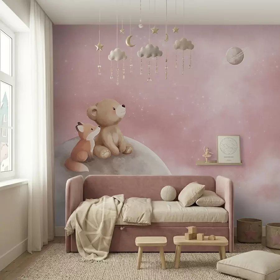 Fototapetes Pastelkrāsu ilustrācija ar lāci un lapsu uz mēness fona rozā debesīs w05431v2