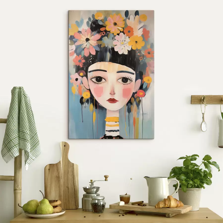Glezna Sievietes portrets ar ziediem matos, abstraktā stilā s48935