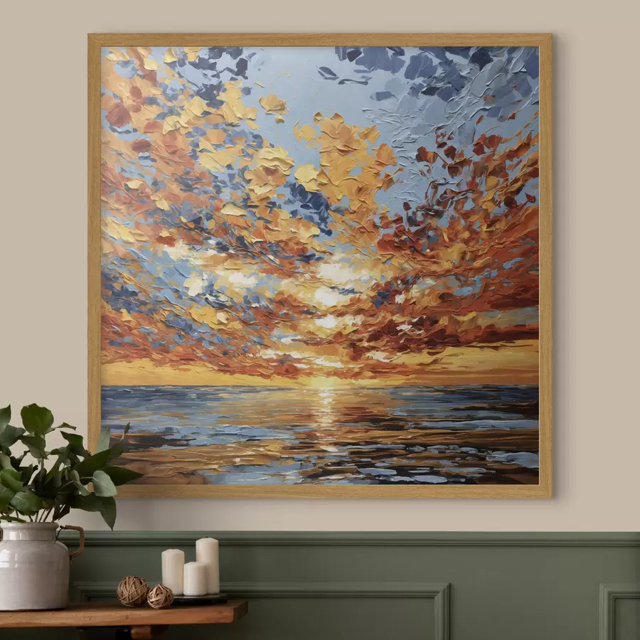 Fototapetes Dramatisks saulriets virs jūras „impasto“ stilā f48810