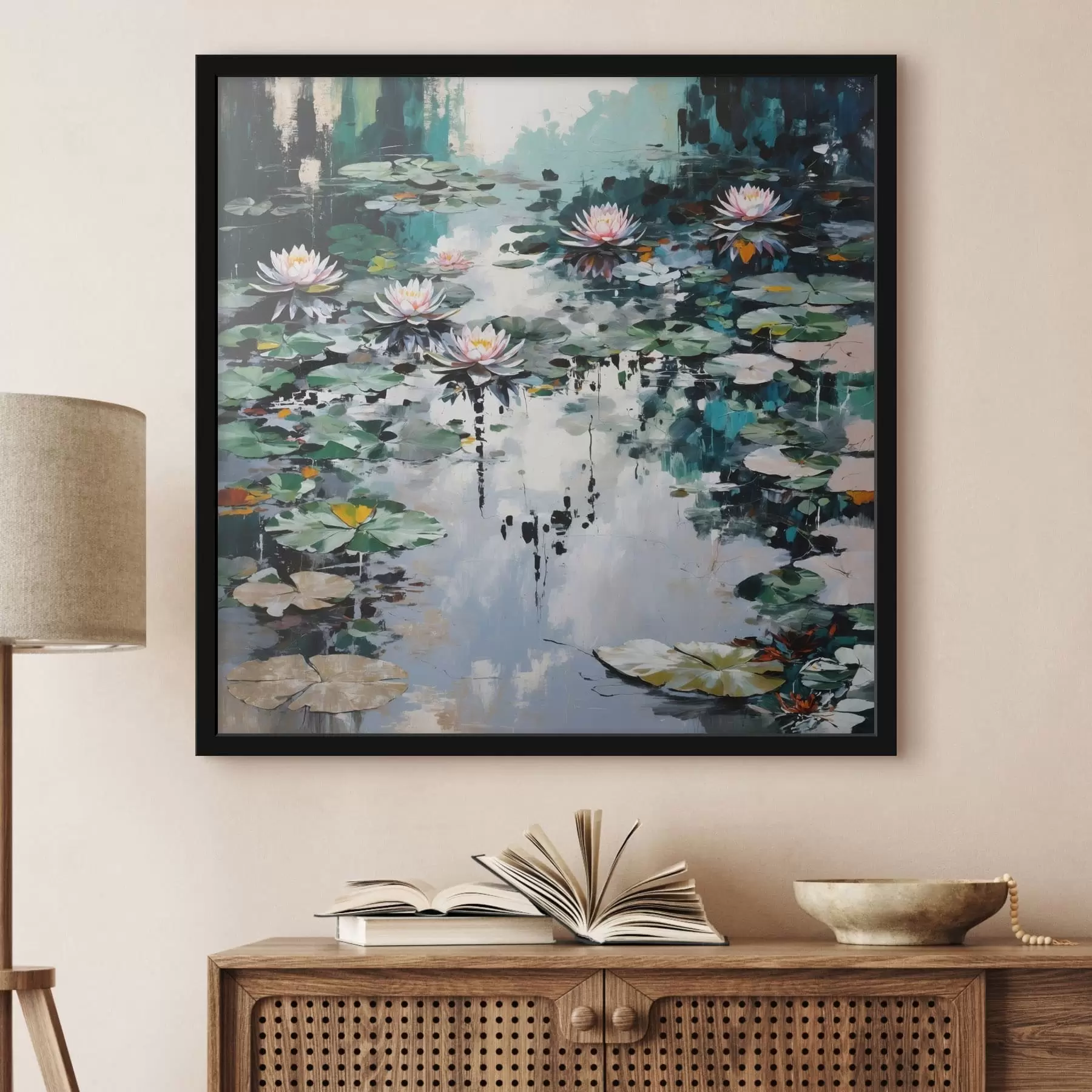 Fototapetes Impresionisma stila liliju dīķis tumšos toņos f48814