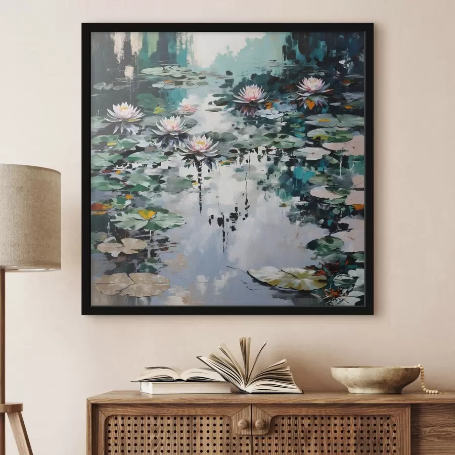 Fototapetes Impresionisma stila liliju dīķis tumšos toņos f48814