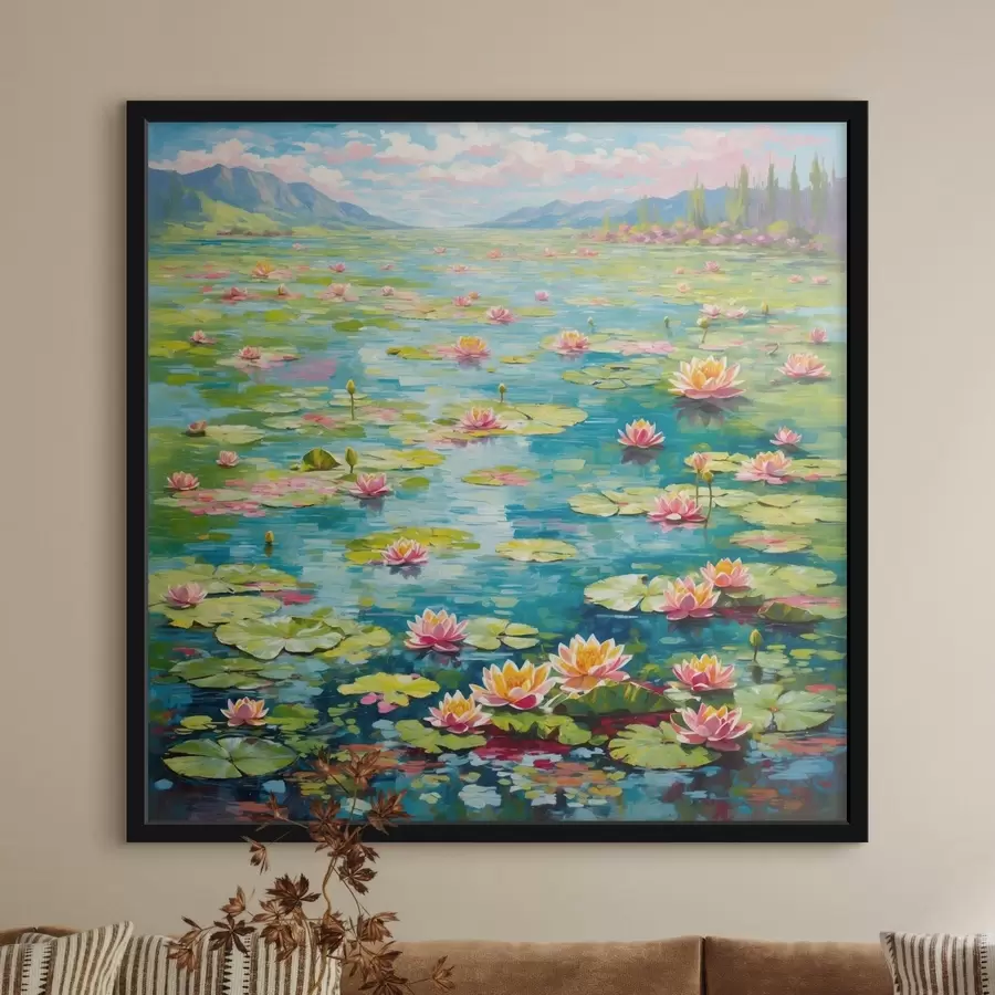 Fototapetes Impresionisms: liliju dīķis ar kalniem fonā f48820