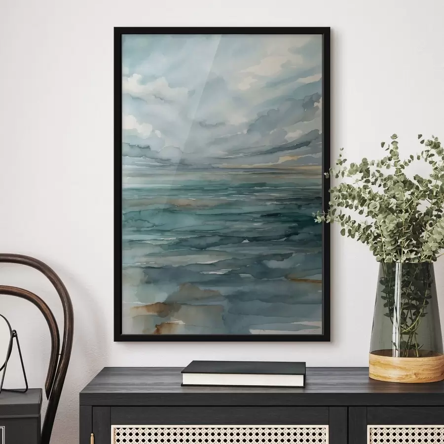 Fototapetes Akvareļgleznojums: mierīga jūra zem apmākušām debesīm f48824