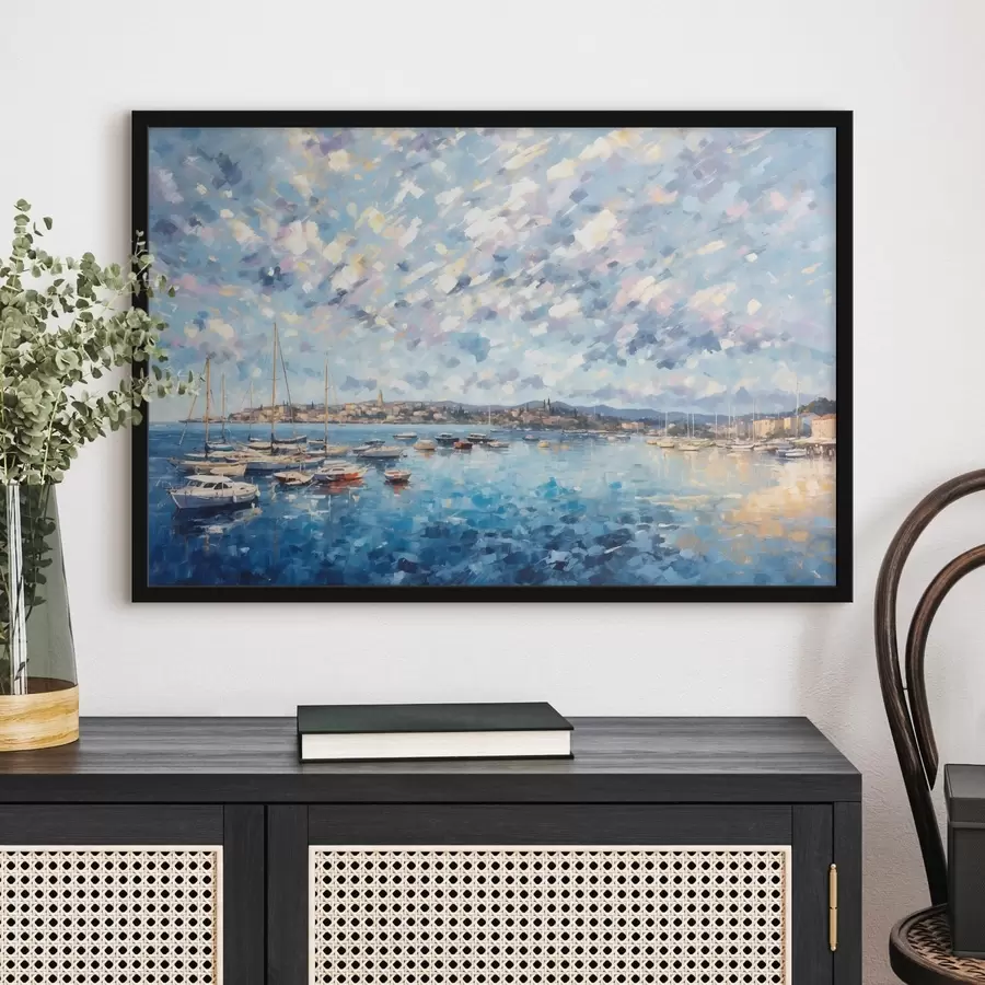 Fototapetes Impresionisma stila attēls ar laivu ostu un pilsētu f48831