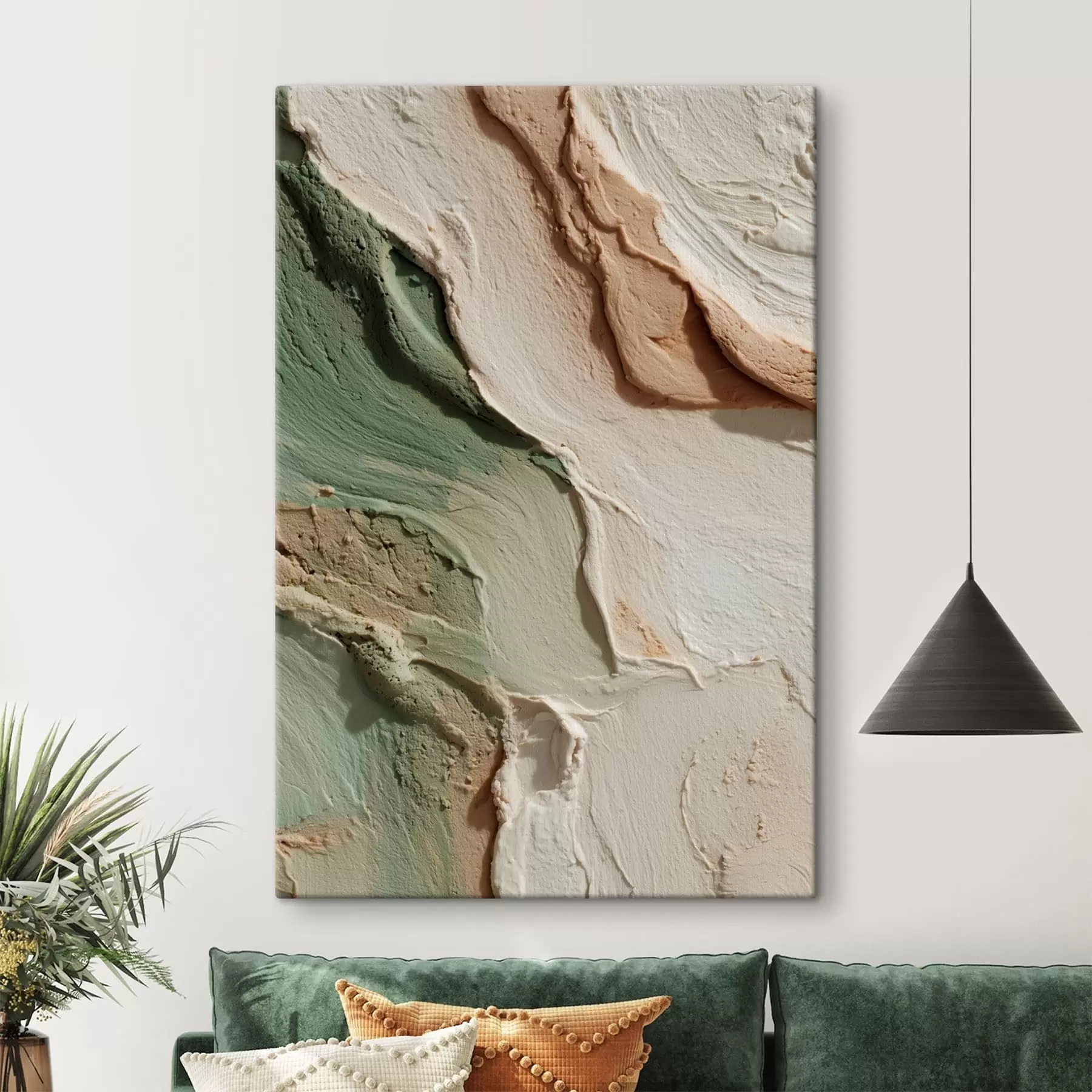 Glezna Abstrakta impasto stila faktūra smilškrāsas un zaļos toņos s48799