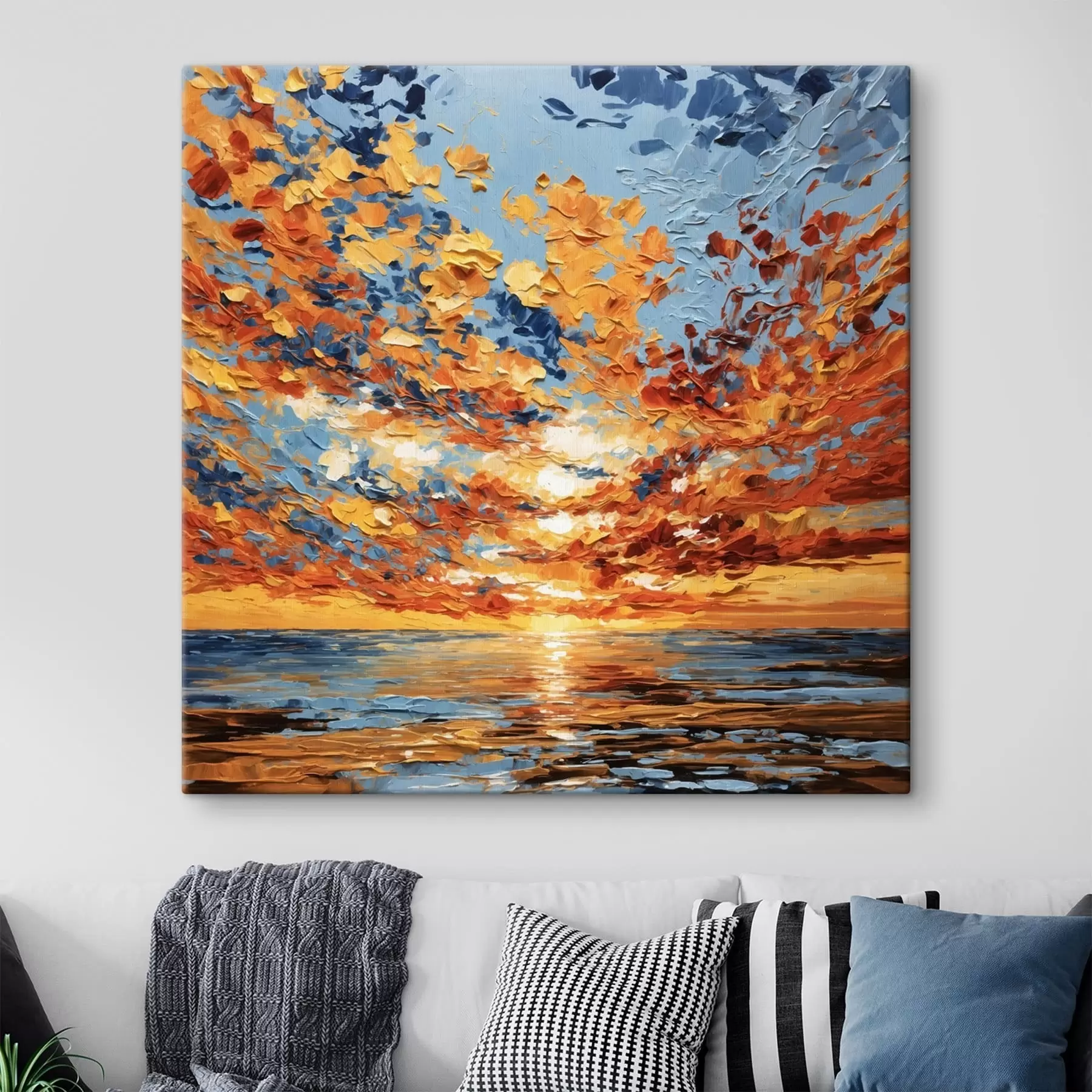 Glezna Dramatisks saulriets virs jūras „impasto“ stilā s48810