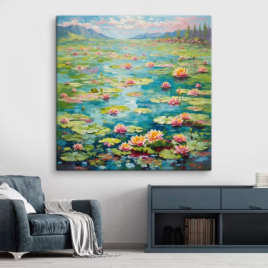 Glezna Impresionisms: liliju dīķis ar kalniem fonā s48820