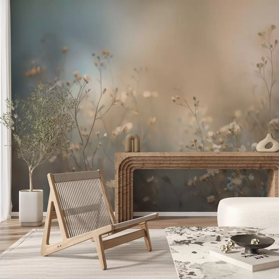 Fototapetes lauku zāles ar maziem ziediem uz fona ar nelielu asuma dziļumu w05386