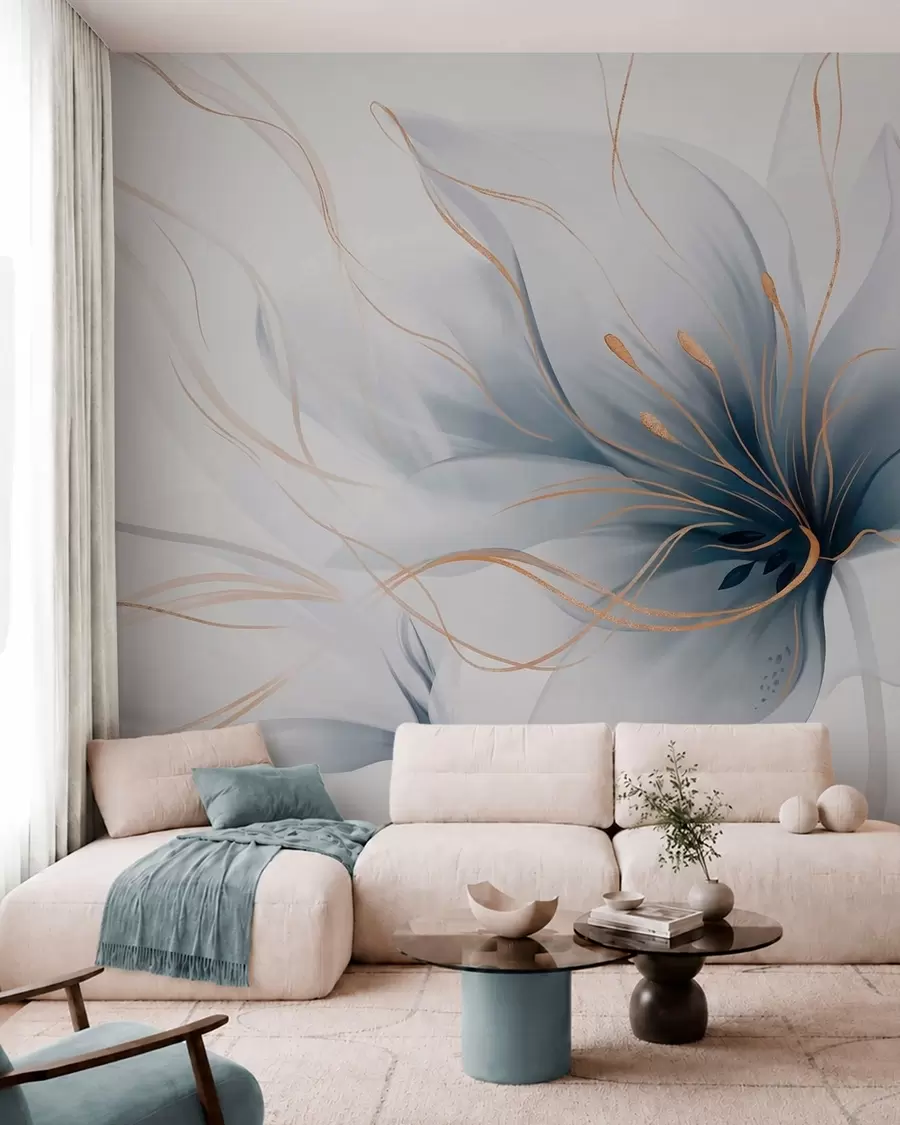 Fototapetes Abstrakta zila zieda attēls ar plūstošām līnijām „Fluid Art“ stilā w05428